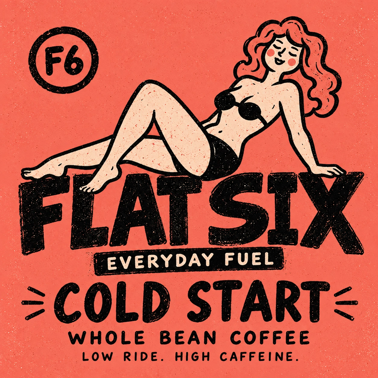 Cold Start — complete original coral-pink coffee label with retro illustrated red-haired woman