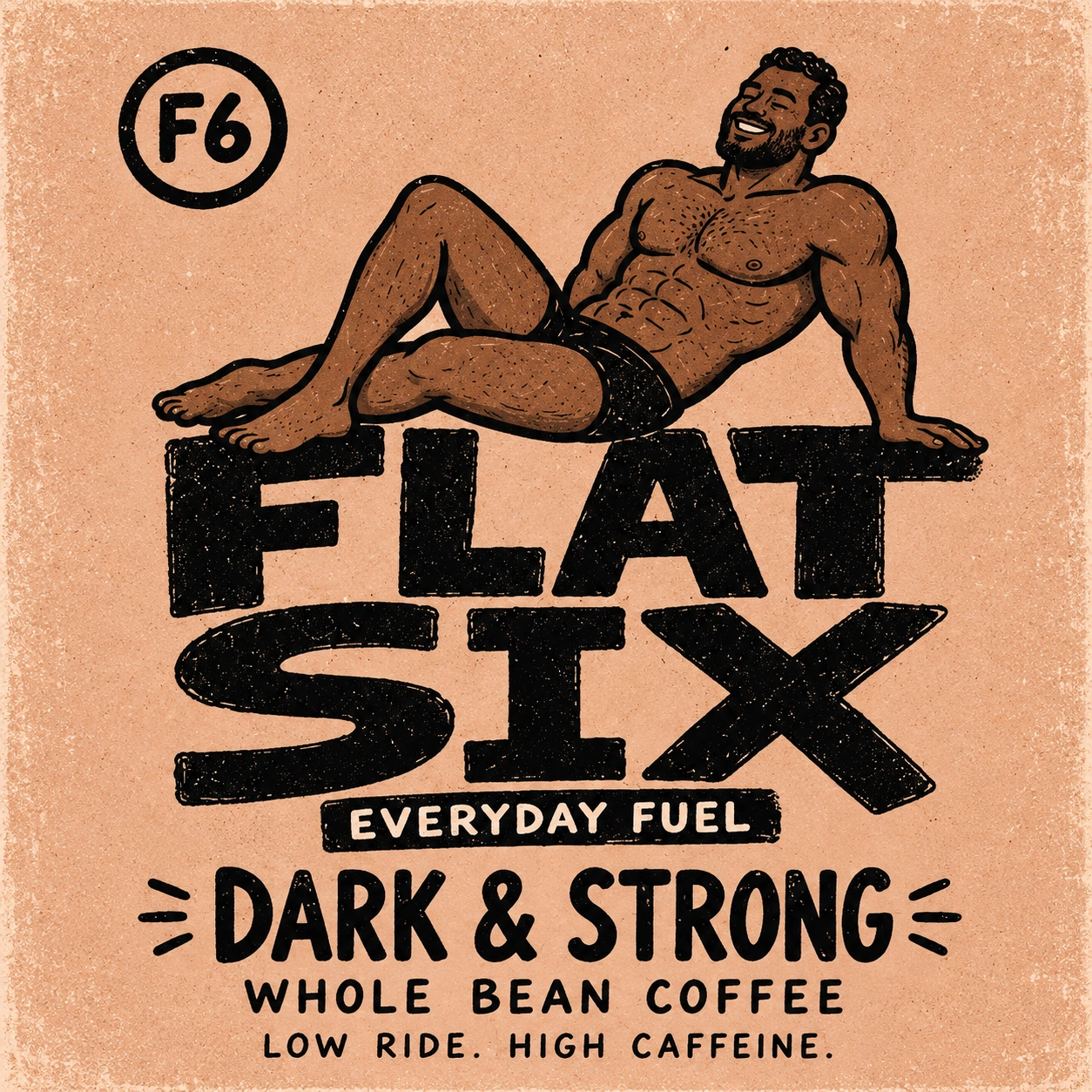 Dark & Strong — complete original peach coffee label with illustrated reclining man